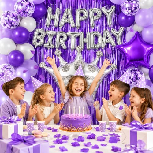 Image of Purple Birthday Decorations for Women | Happy Birthday Balloons and Star Crown Balloons, Fringe Curtain and petals for Women Girls Princess Party