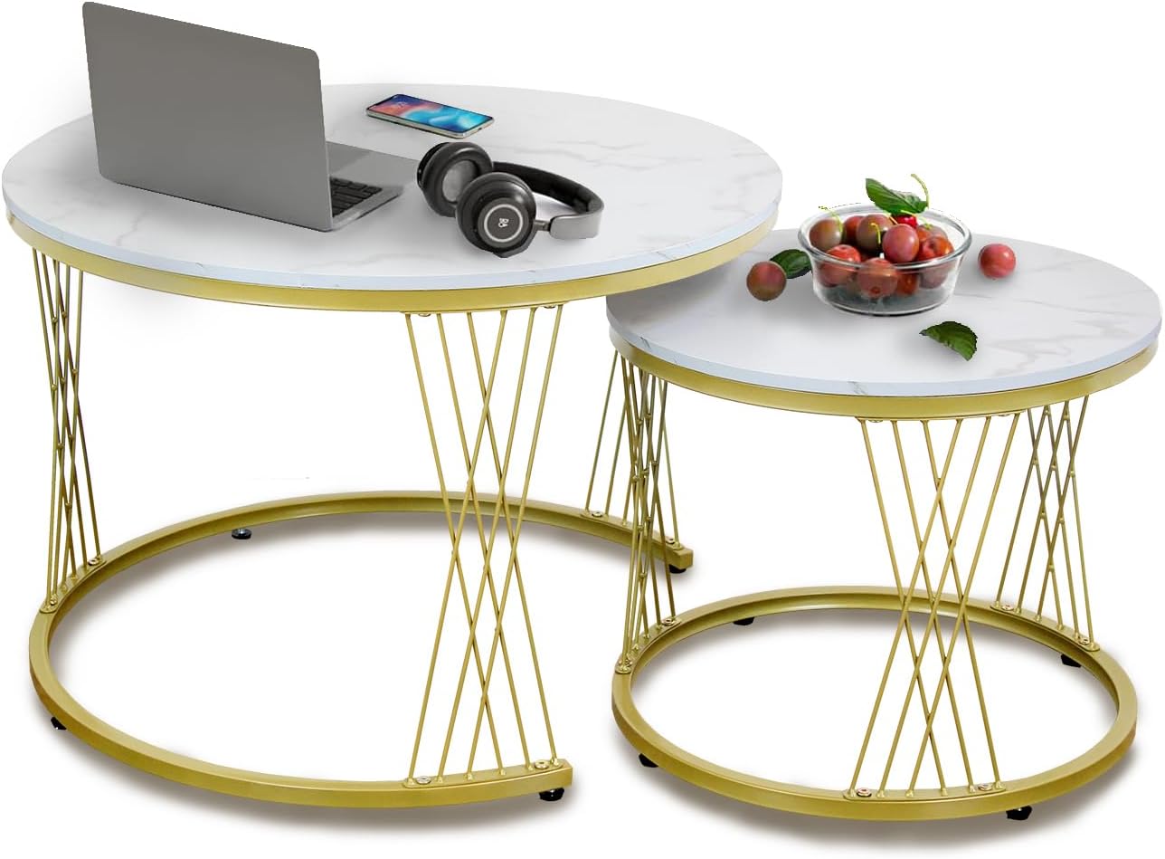 AT-VALY 27.5 Inch Round Nesting Coffee Table Set of 2, White Marble Look MDF Top & Gold Metal Legs, Modern End Tables