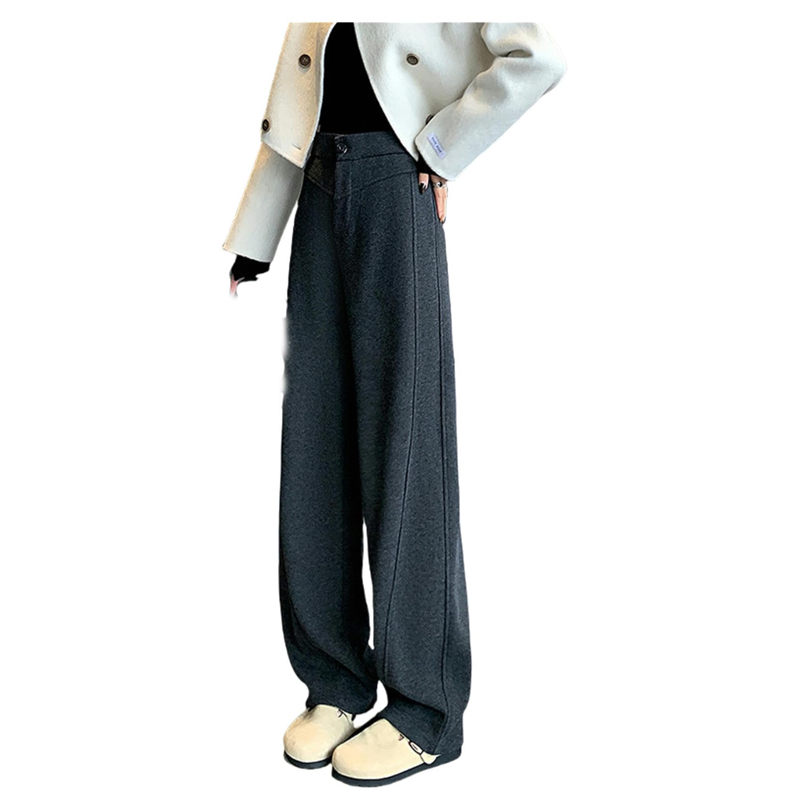 Pantalone Donna Pantaloni di Banana Peluche per Donne Autumn E Pantaloni Invernali A Gamba Larga Drapo in Alto-Rice White (più Velluto)-l