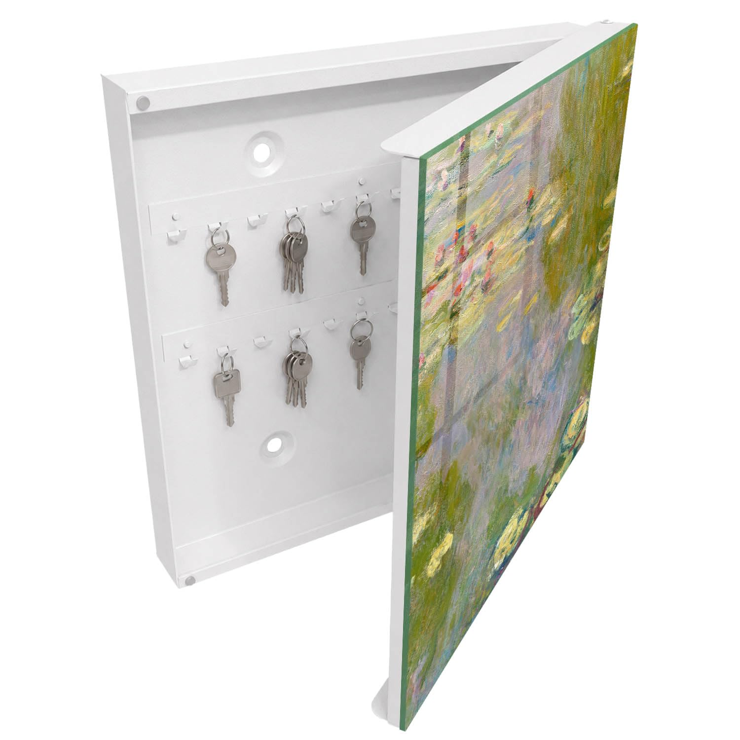 Tulup Armario de Llaves 30x30 cm | Blanco | Derecha | Montaje en Pared | La paz del estanque | Kit de Montaje Incluido | Frente Decorativo de Cristal | de Metal | Organizador | 50 Ganchos