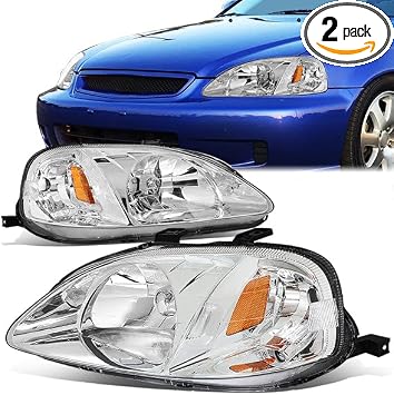 Headlight Assembly Compatible with 1999-2000 Honda Civic Left Right Headlamp Set Chrome Housing Amber Corner 33101S01A02 33151S01A02 HO2503113 HO2502113