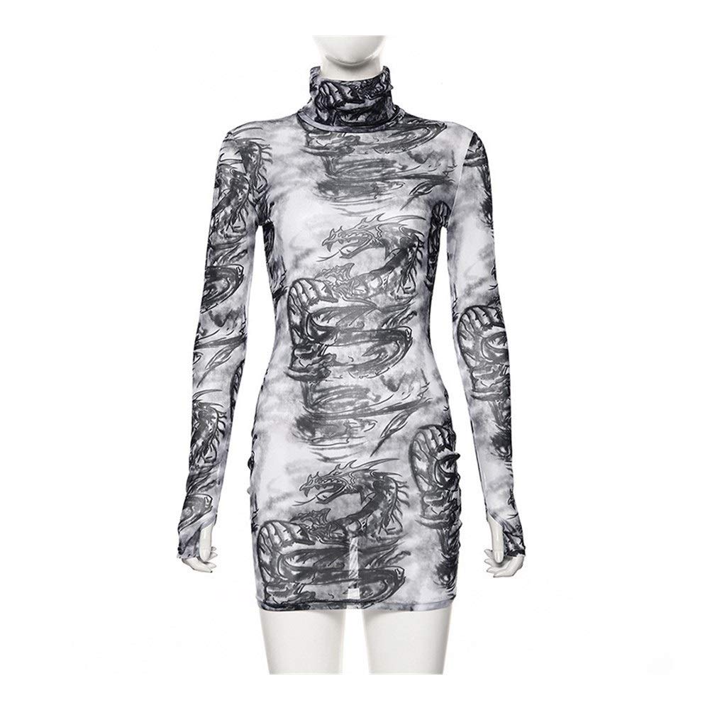 BZH - Vestido de cuello alto con estampado de dragones sexy para mujer, de  malla transparente, manga larga, manga larga, bodycon, para vestidos de  fitness (color: blanco, tamaño: grande) : Ropa