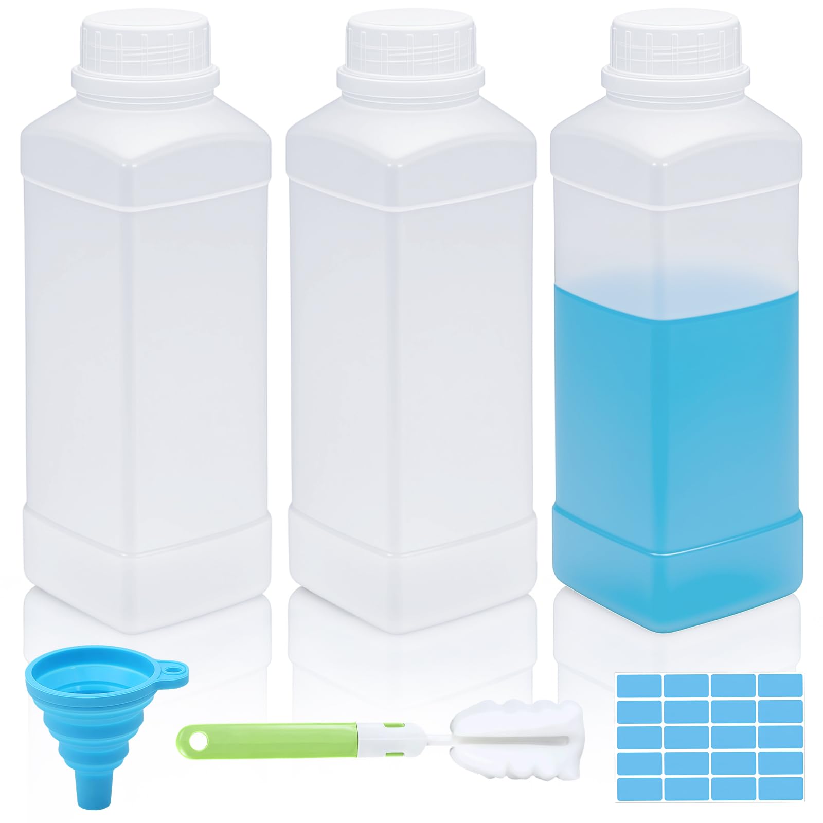 Annickee 3x1000ml Weithalsflaschen mit Schraubverschluß, Chemiekalienflaschen HDPE Plastikflaschen mit Silikontrichter Reinigungsbürste Aufkleber, Laborflasche für Labor Küche oder Hobby(Transparent)