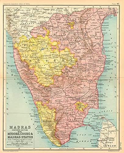 Mysore, Coorg & Madras States'. South British India. Kerala Tamil Nadu - 1931 - Old map - Antique map - Vintage map - Printed maps of India