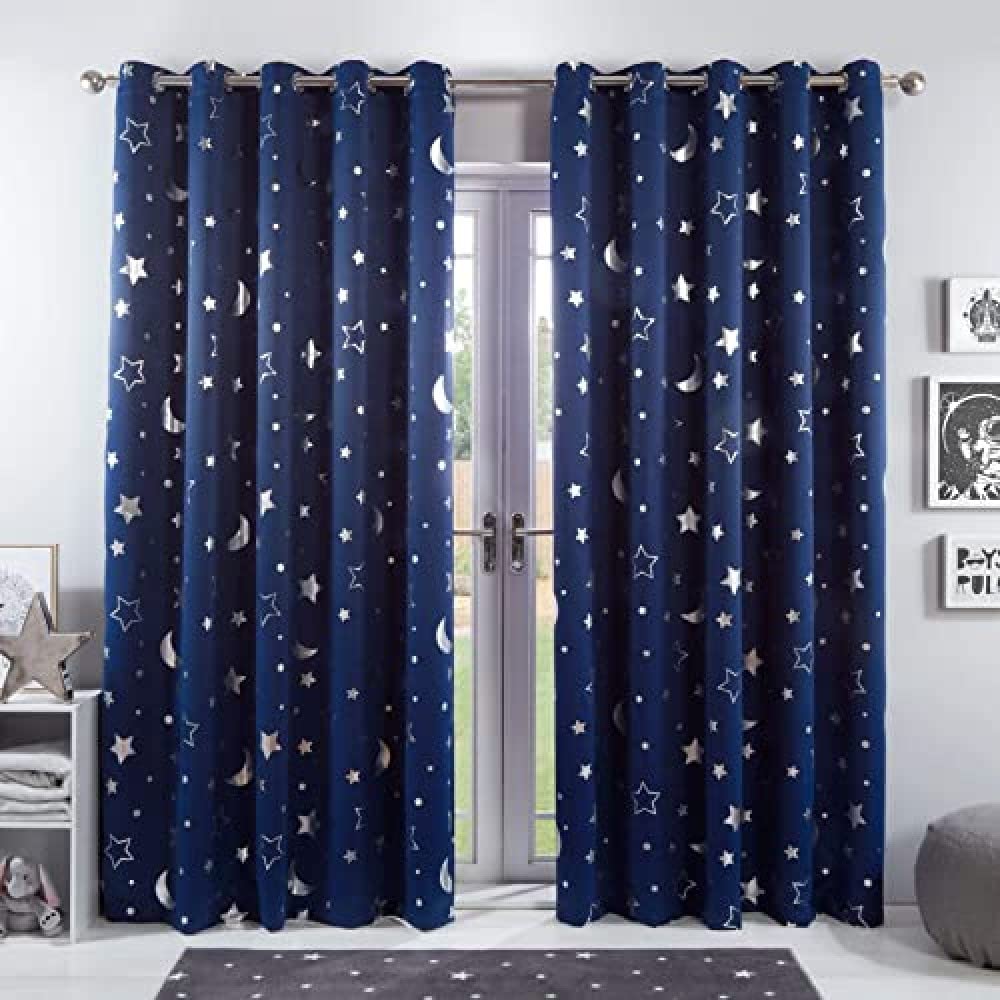 Dreamscene Blackout Curtains For Kids Bedroom, Navy Blue Galaxy Star Thermal Curtains, Cool in Summer, Warm in Winter, Navy Blue Moon Stars - 117 x 137cm(Approx), 46" wide x 54" drop