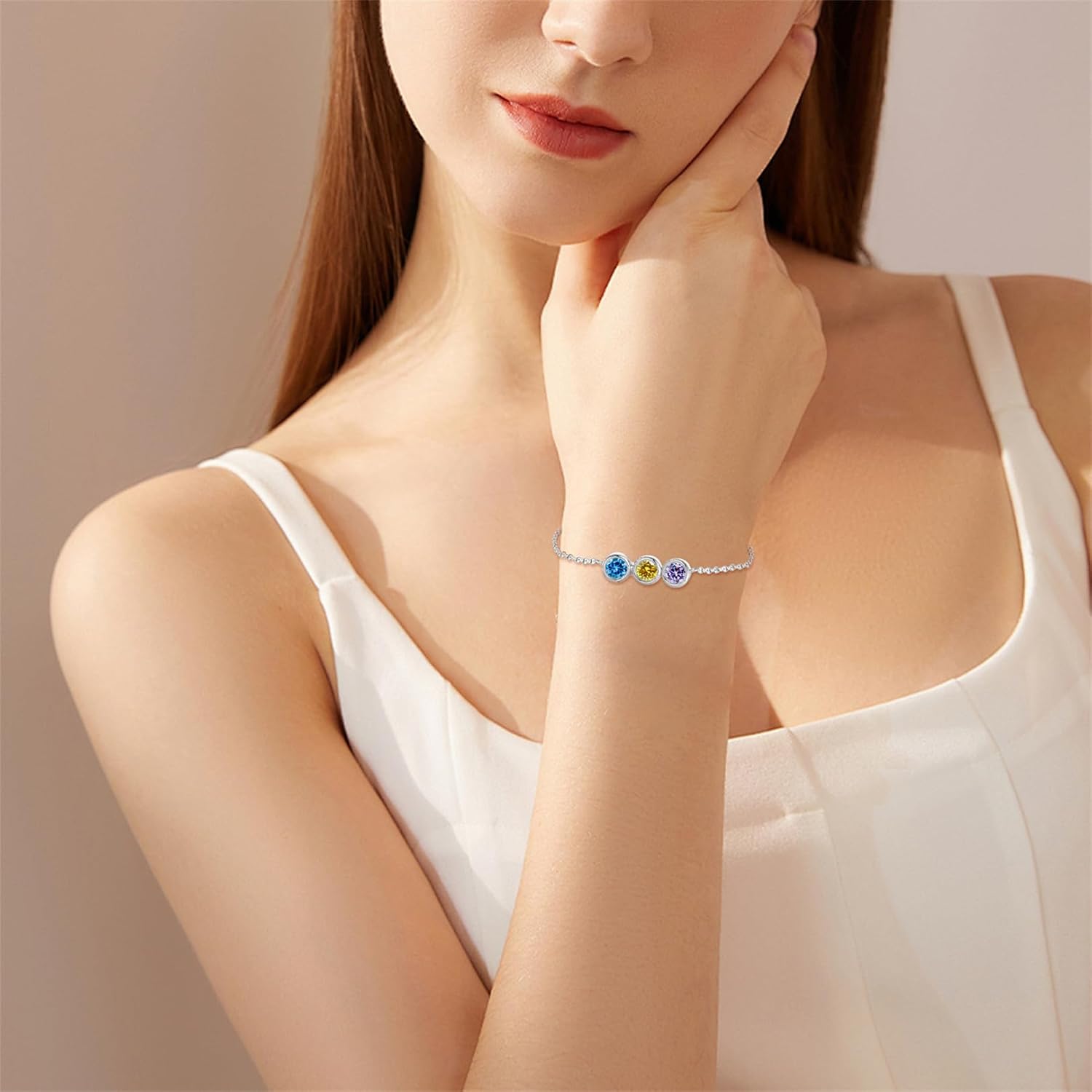 LucySky 925 Sterling Silver Personalized 1-6 Birthstones Bracelets for Women Adjustable Dainty Link Bracelet for Mother’s Day, Birthday, Anniversary, Christmas