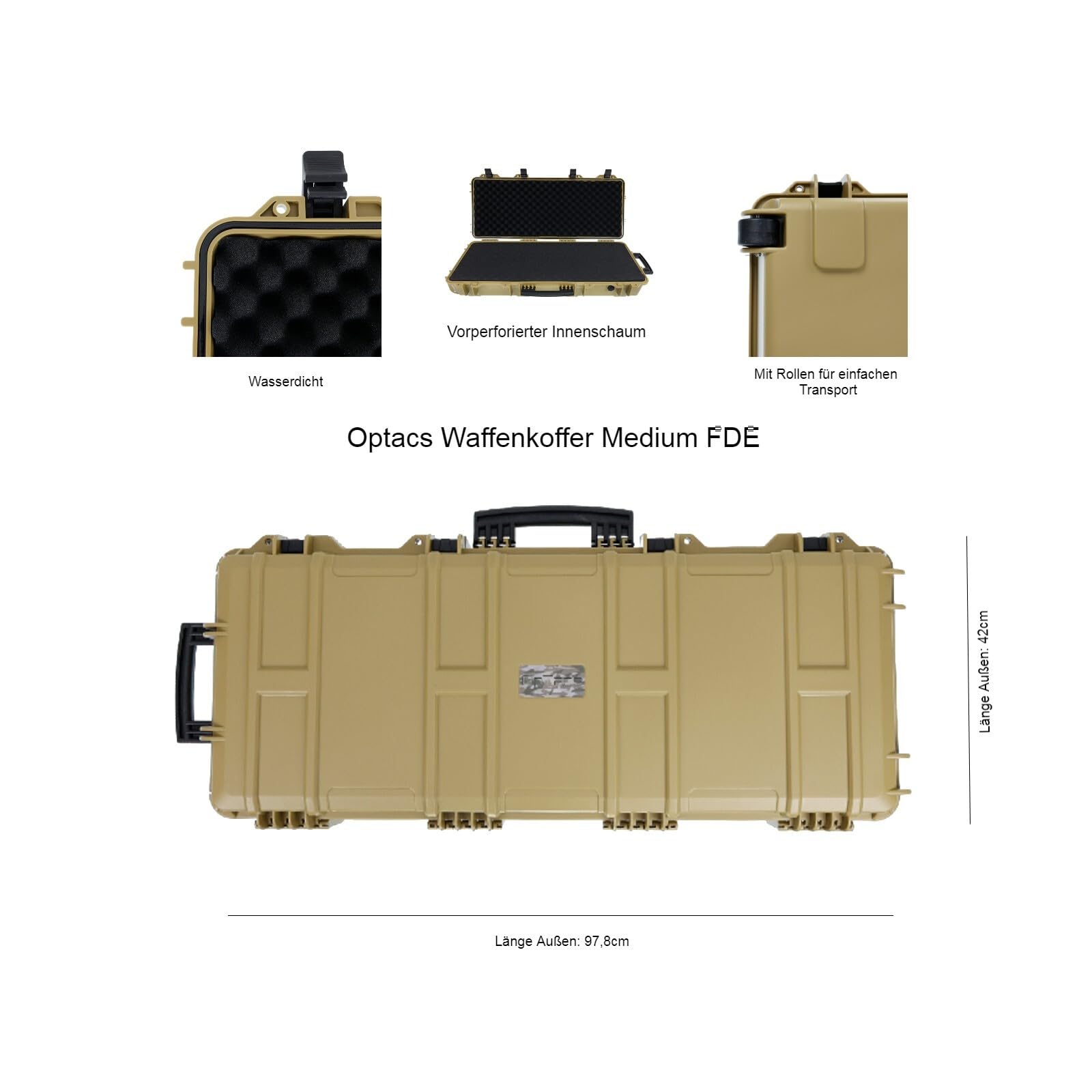 OpTacs Waffenkoffer - Medium 97,8x42x17,5cm Stabiler Koffer für Langwaffen und Ausrüstung, wasserdicht, Hartschalenkoffer mit Schaumstoffpolsterung Rasterschaumstoff