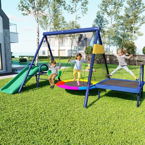 Tour de jeux d'extérieur avec toboggan et trampoline - Cage d'escalade avec balançoire nid d'oiseau et balançoire en plastique - Aire de jeux...