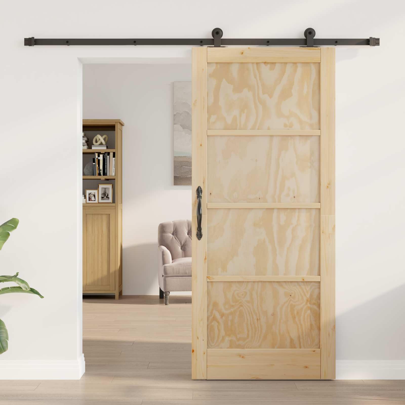 Drzwi przesuwne ORKDAL naturalne 86 x 198,5 cm lite drewno sosnowe z malowaną proszkowo stalową szyną i cichym systemem ślizgowym do pomieszczeń oszczędzających miejsce i łatwy montaż