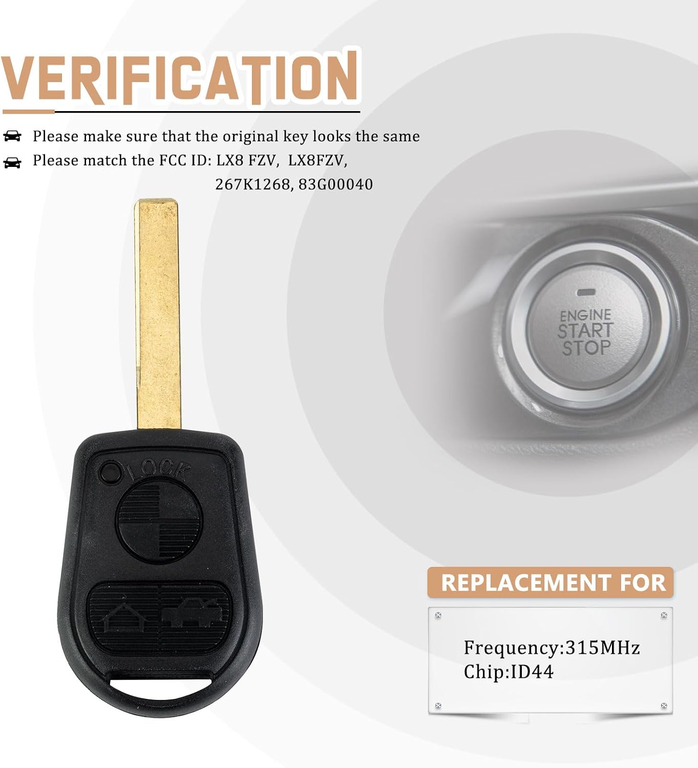 Head Remote Car Key Fob Replacement for 2002/2003/2004/2005/2006 Land Rover Range Rover 1993-1999 BMW 328 530 Z3 LX8 FZV, LX8FZV 315MHZ ID44 chip (Single) image 3
