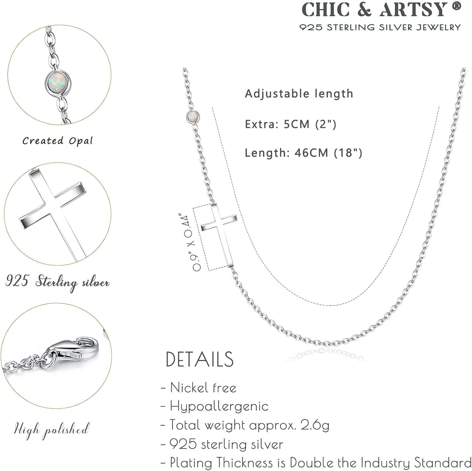 CHIC & ARTSY 925 Sterling Silver Sideways Cross Necklace for Women Religious Faith Gifts For Her - Created Opal - 18" with 2" Extender - Image 5
