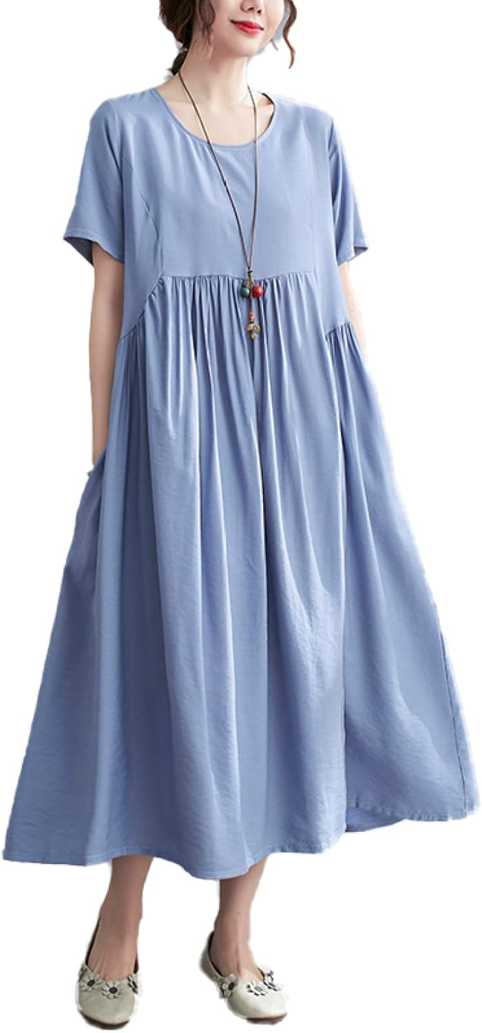 綿 ドレス ロングスカート マキシワンピース ワンピース ポケット付き 丸首 可愛い エレガント 森ガール お嬢様 甘め Aライン 復古 プリーツ ハイウエスト 無地 クラシカル デート カジュアル 78 以上節約