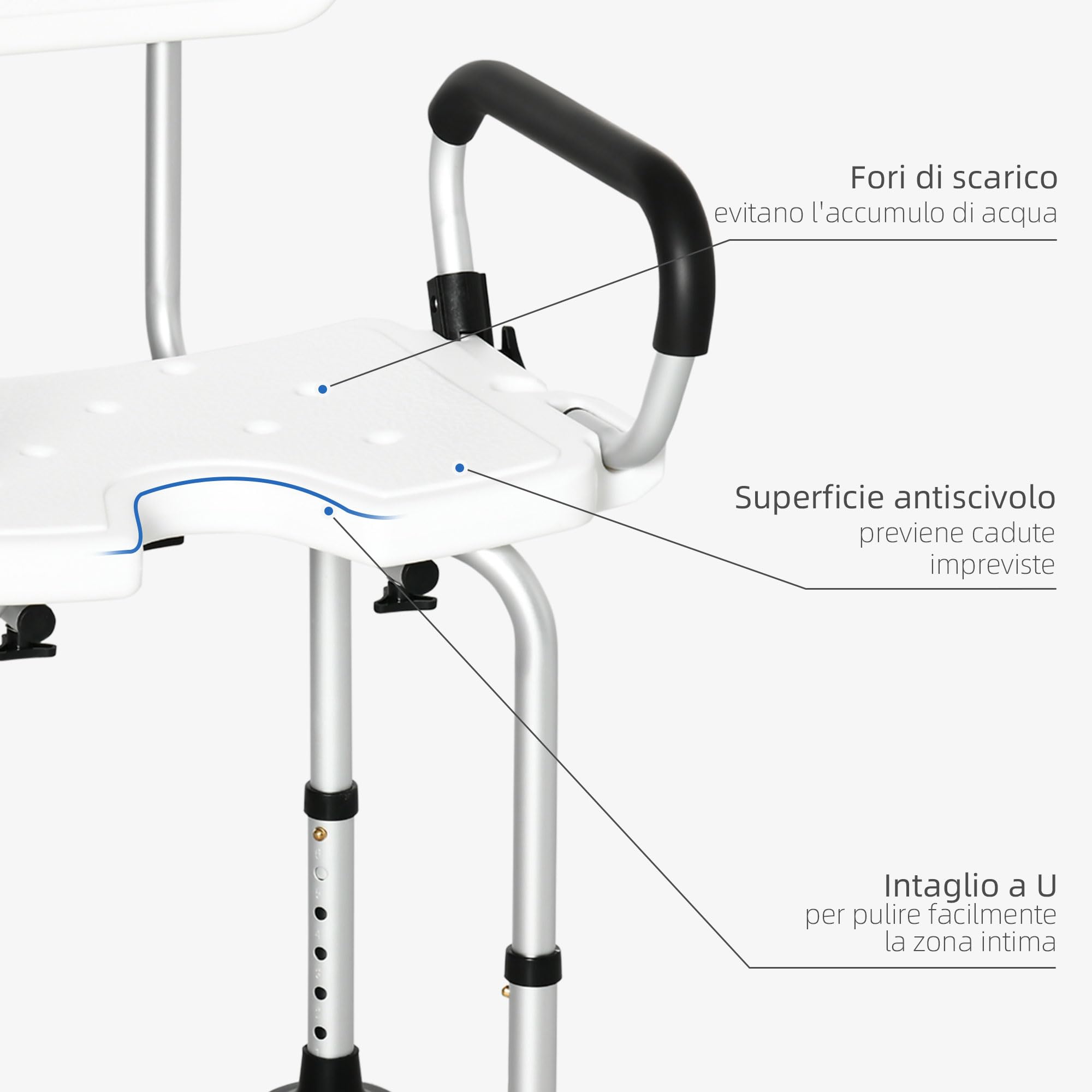HOMCOM Sedia per Doccia Imbottita per Anziani, 54x52x70-82cm Bianco | Disabili, Donne Incinte, Forma a U