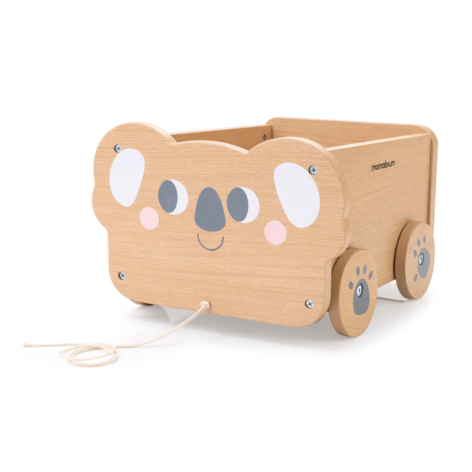 Mamabrum Carrito de Madera Koala para Niños con Cuerda, Juguete de Arrastre con Espacio de Almacenaje 5,54 l, Carro Infantil Educativo para Juego Diario