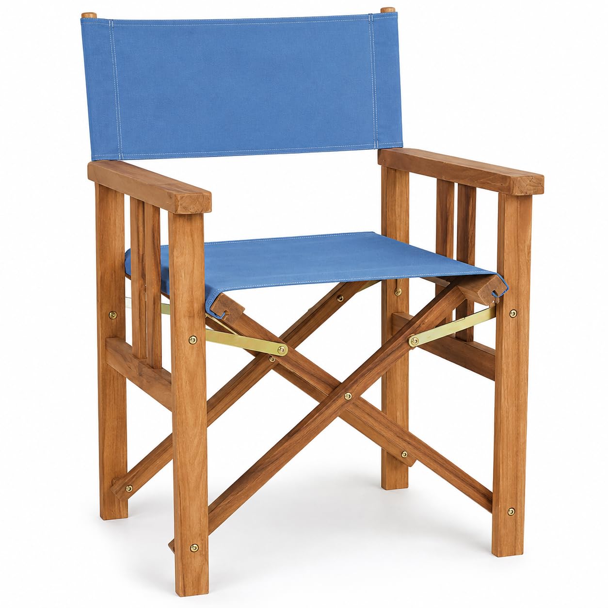 Sedia Regista Pieghevole in Legno Teak CANNES | Poltrona Outdoor con Braccioli, Salvaspazio per Giardino, Terrazza e Campeggio | 58 x 58 x 85 cm (Tela Azzurra)