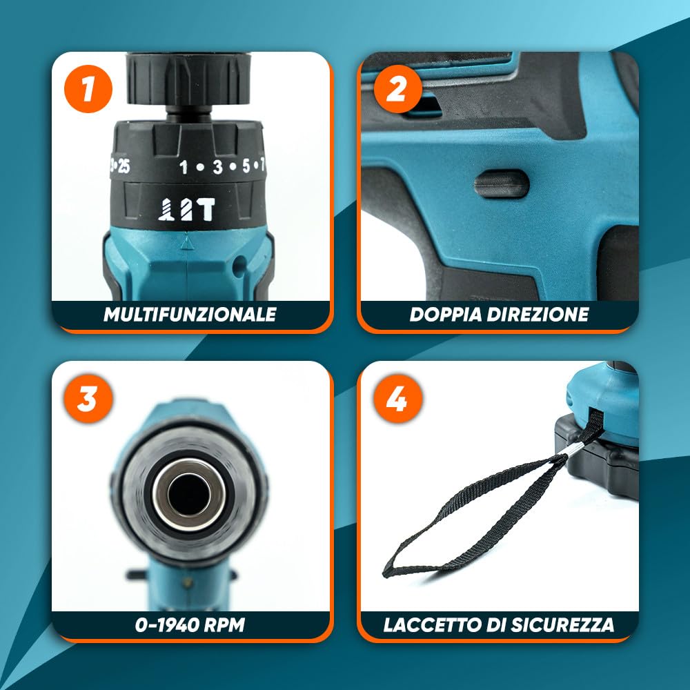 Mediawave Store - Trapano Avvitatore Professionale 21V Doppia Batteria Litio Ricaricabile Kit Utensili Completo Valigetta per Fai Da Te e Lavori