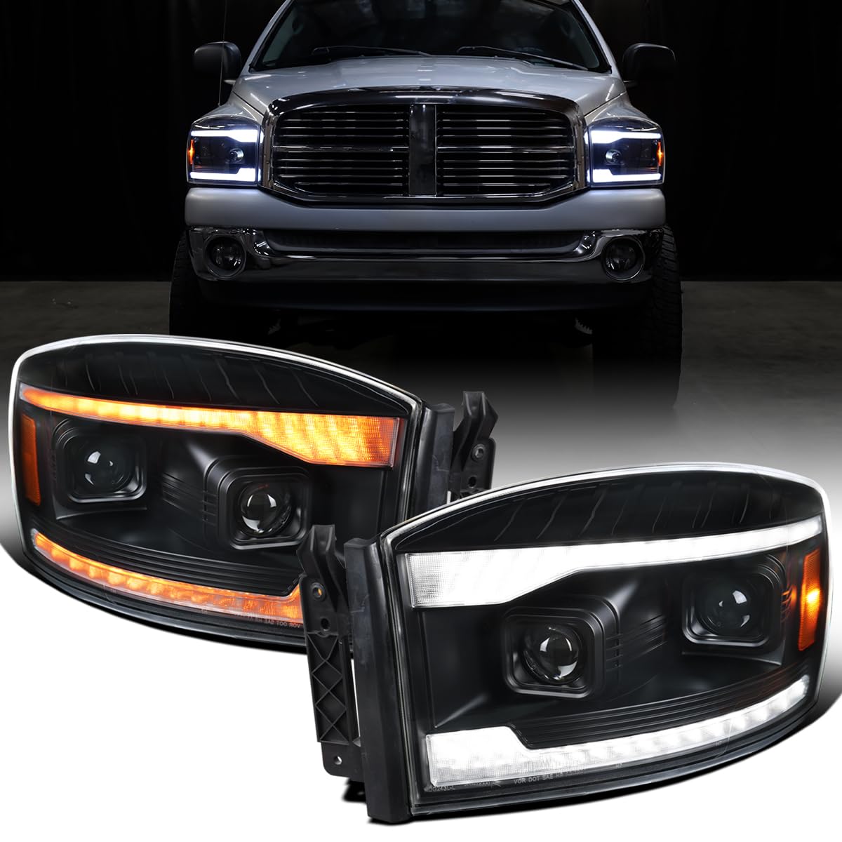 Ronnin - Fits 2006-2009 Dodge Ram 1500 2500 3500 LED DRL Switchback Sequential Turn Signals + Animated Startup Dual Projector Headlights Assembly Pair