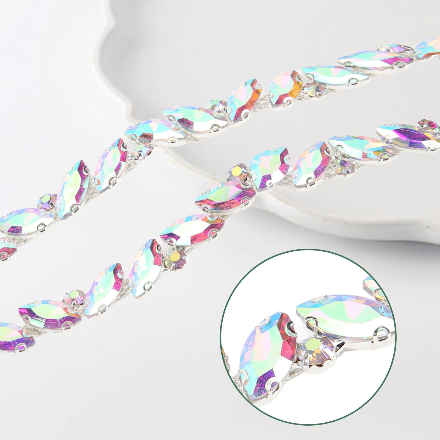 Strass Applique Cristallo Per Cucito E Decorazione - Catena 1 Yard, Intarsio Ad Artiglio, Colore Bianco, 9mm - Foto 2