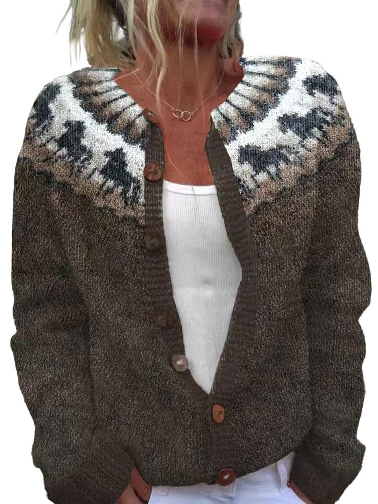 Women Fair Isle Open Front Button Down Cardigan Fall Vintage Long Sleeve Loose Crewneck Coat Outwear