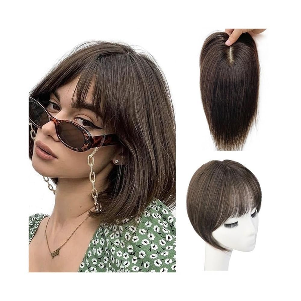 Topper for capelli umani da donna 7×10 cm legati a mano traspiranti con base in seta, clip invisibile da 10" nei posticci(Dark brown)