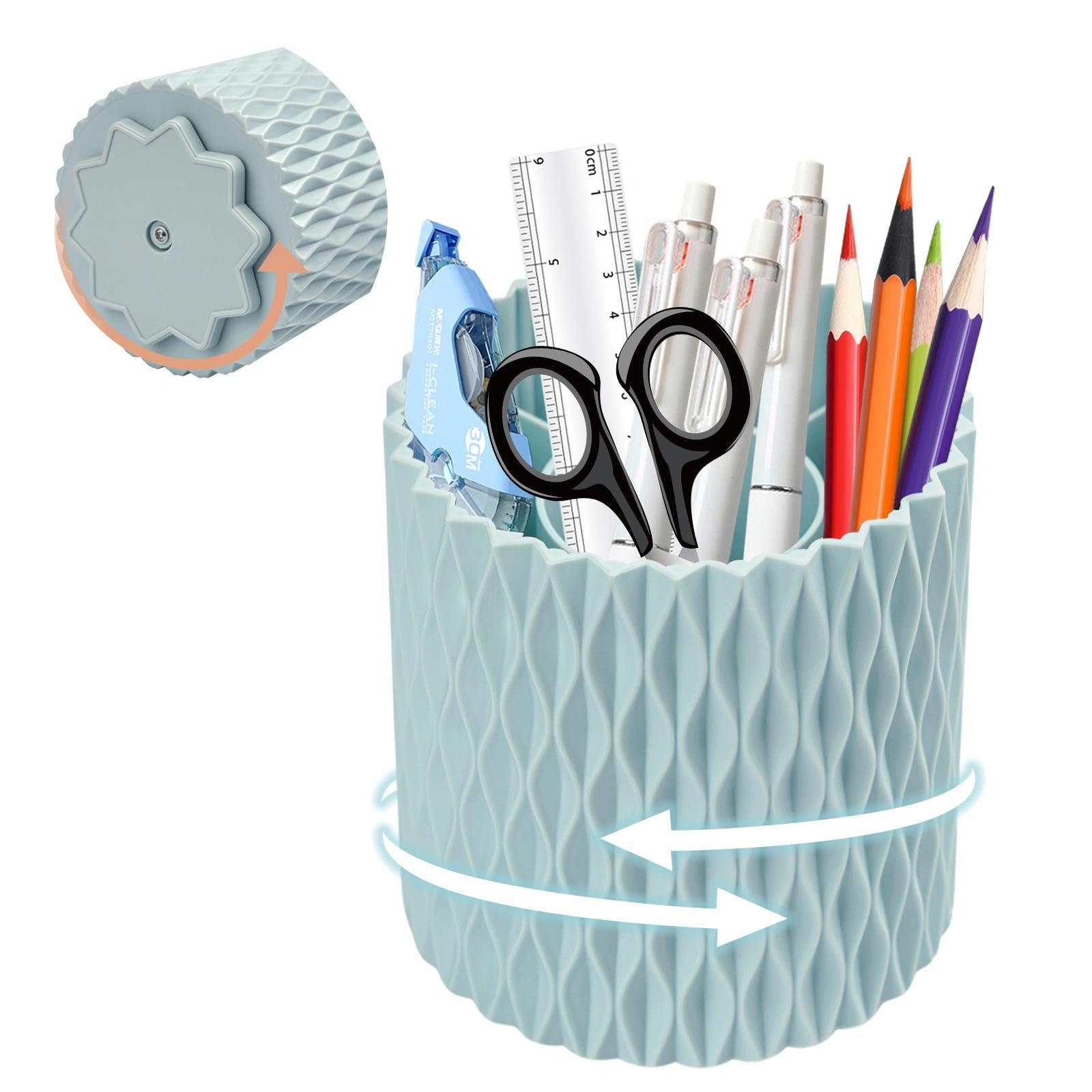 Anmeish Blue 360° Rotating Pen Pencil Holder, Pen Pencil Pot With 5 Compartments, Desk Organisers For Stationery Makeup Brushes For Home Office School Classroom