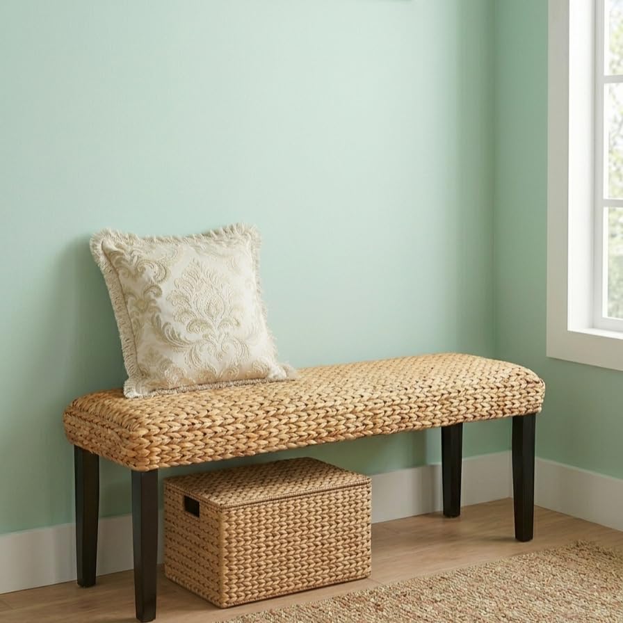 Image of Entryway Bench with Solid Wood Acacia, 47 inch End of Bed Bench for Bedroom, Water Hyacinth Indoor Bench Seat, Boho Woven Bench for Living Room, Wicker Bench for Hallway or Kitchen, Wood Bench (Black Leg)