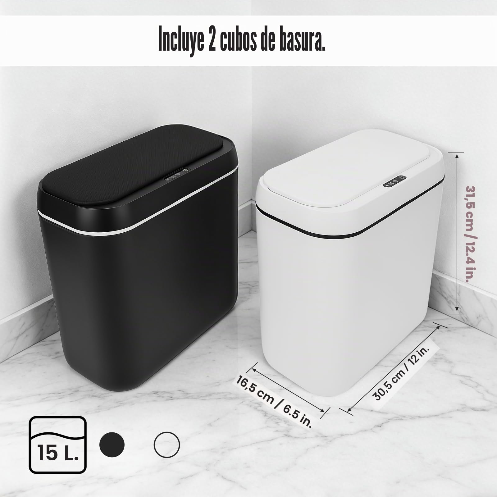 2 Papelera Baño,15 L Cubo Basura Automatico con Sensor de movimiento | Papelera Negra Blanco con Tapa ,a Prueba de Agua IPX5 para Cocina, Oficina, Sala de Estar