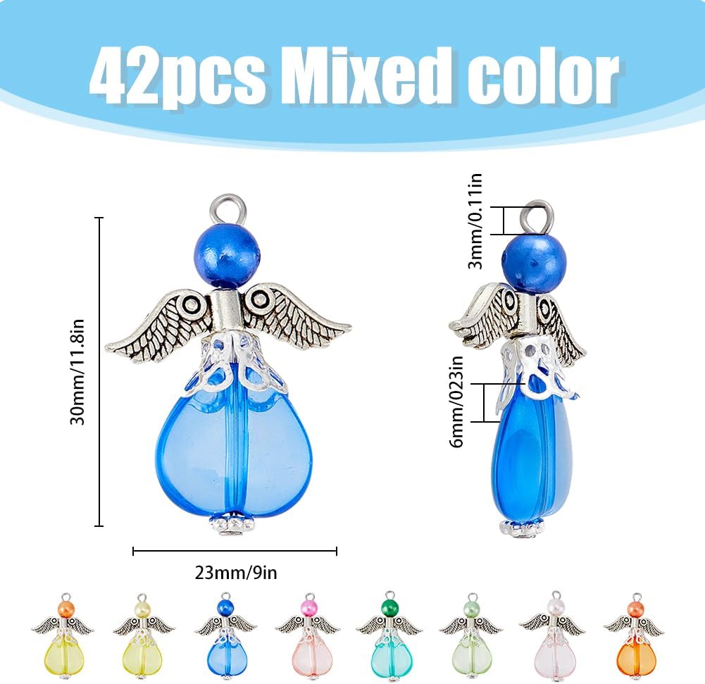 SUPERFINDINGS 8 Colors 48Pcs Angel Wing Charms Acrylic Guardian Angel Pendants Bulk Fairy Wing Beaded Dangle Charms with Alloy Findings for Necklace Bracelet Earring Making - Image 2