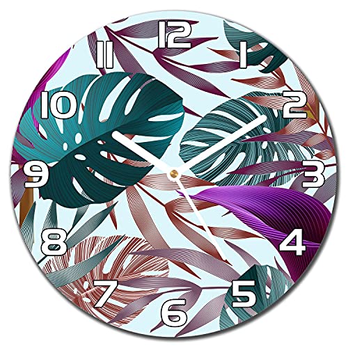 Horloge en verre 30 cm fleurs jungle avec aiguilles blanches Coloray