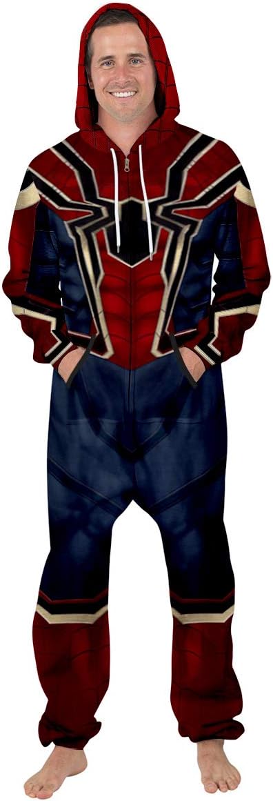 Leezeshaw Unisex 3D Superhero Iron Spider Peter Park Printed Long Sleeve Hooded Onesie Jumpsuit All in One Piece Spider Man Pyjamas Nightwear Costumes