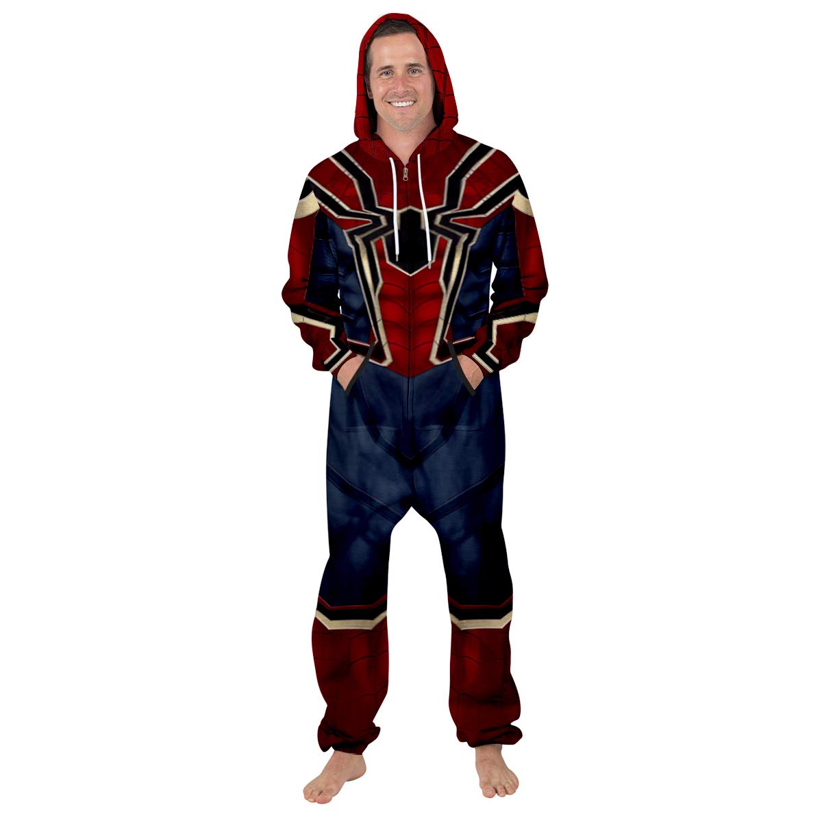 Leezeshaw Unisex 3D Superhero Iron Spider Peter Park Printed Long Sleeve Hooded Onesie Jumpsuit All in One Piece Spider Man Pyjamas Nightwear Costumes