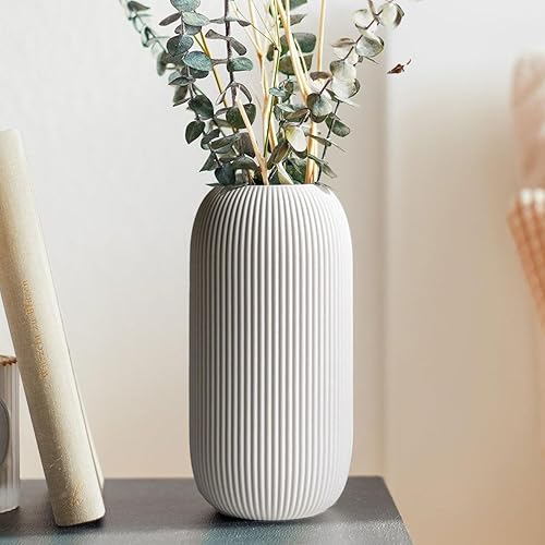 Jarrones acanalados de cerámica blanca para decoración del hogar, florero pequeño para hierba de las pampas, decoración minimalista moderna, jarrón