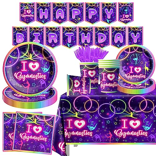 Gymnastics Birthday Party Supplies-142Pcs Neno Gymnastics Tableware Set I Love Gymnastics Plates and Napkins Serves 20 Guests