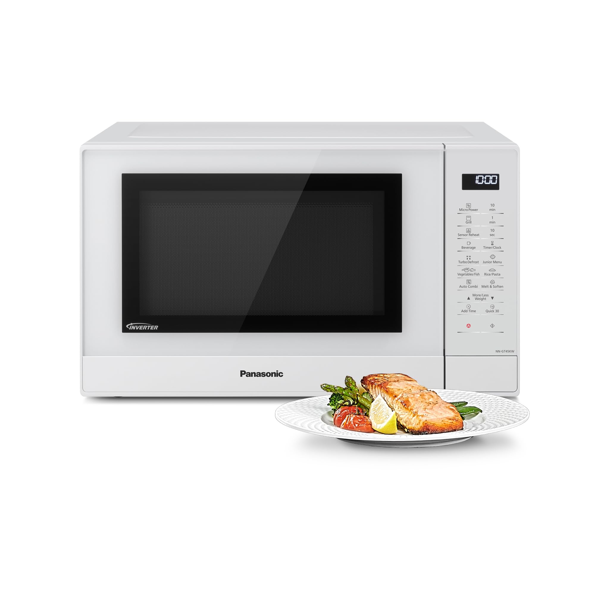 Panasonic NN-GT45KWSUG Horno Microondas con Grill y Plato Giratorio de Vidrio, 31L, 1000W, Inverter, 24 Programas Auto, Descongelación Turbo, 7 Niveles de Potencia, Temporizador, Pantalla LED, Blanco