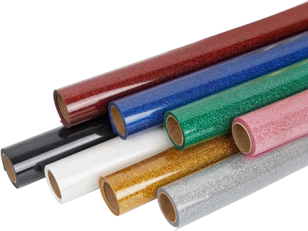 FUNKAKA Glitter Heat Transfer HTV Vinyl Bundle, 12 Rolls 12" x 5ft Iron On Vinyl for T-Shirt 12 Assorted Colors Glitter HTV Vinyl for All Cutter Machines Easy to Cut