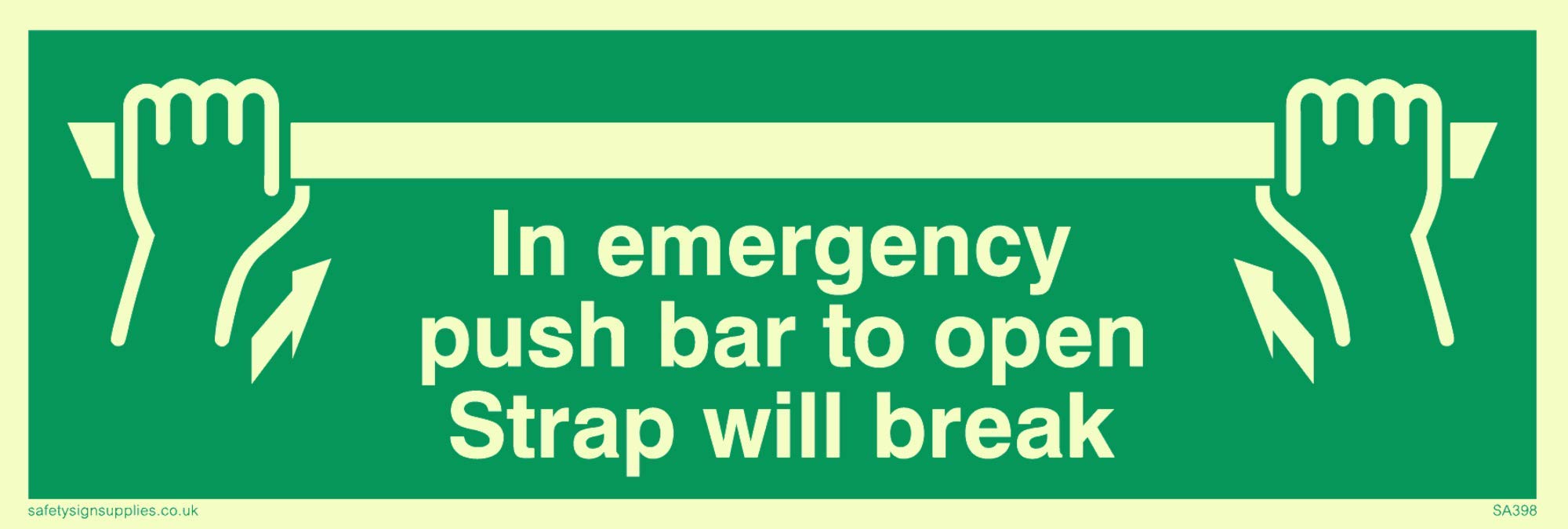 Viking Signs SA398-L15-P "In Emergency Push Bar To Open Strap Will Break" Sign, Semi-rigid Photoluminescent Plastic, 50 mm H x 150 mm W