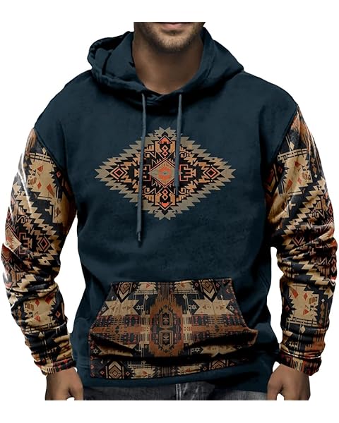 Western Cowboy Hoodie Mens Aztec Vintage Ethnic Sweatshirt Casual Fall Long Sleeve ...