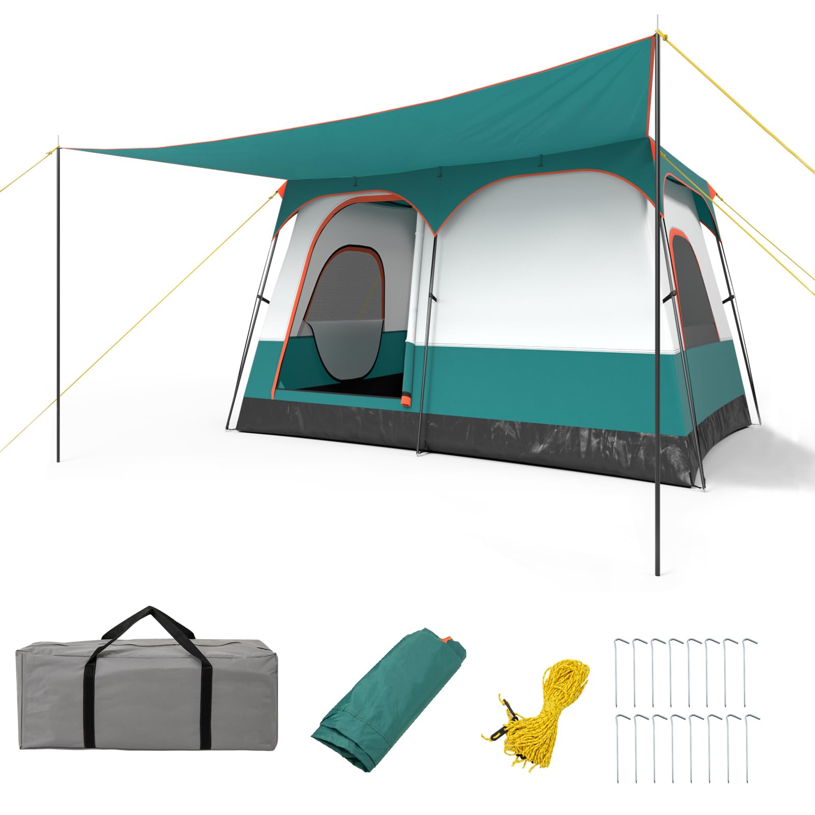COSTWAY 2-Room Camping Tent, 8-10/6-8/4-6 Man Family Dome Tent with Porch, Removable Rainfly, 2 Doors, 2 Mesh Windows & Carrying Bag, PU 1000MM Waterproof Sun Shelter for Hiking (320 x 210 x 180cm)