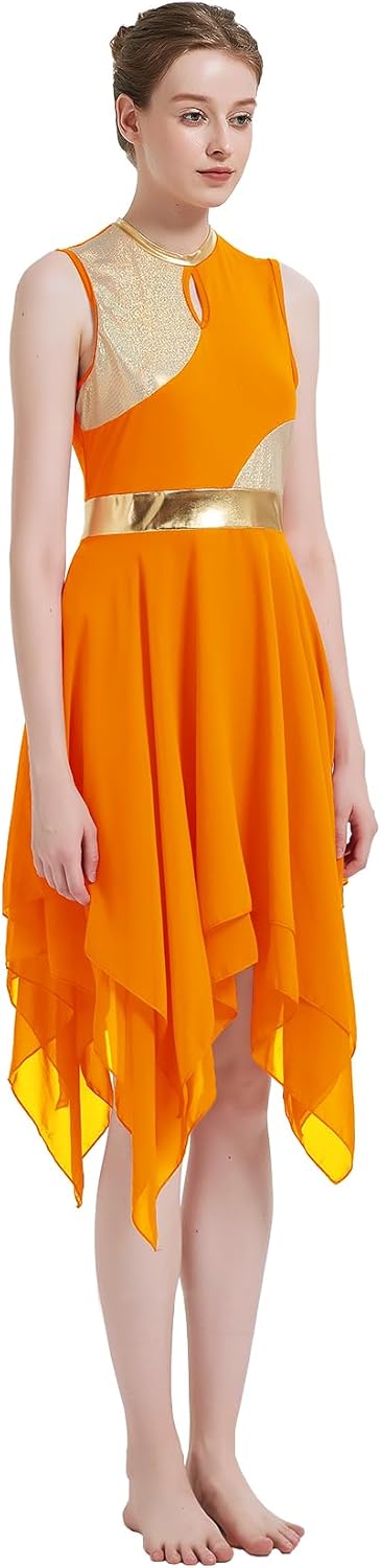 Womens Praise Dance Dress V-Neck Sleeveless Liturgical Worship Dress Lyrical Contemporary Dance Costumes