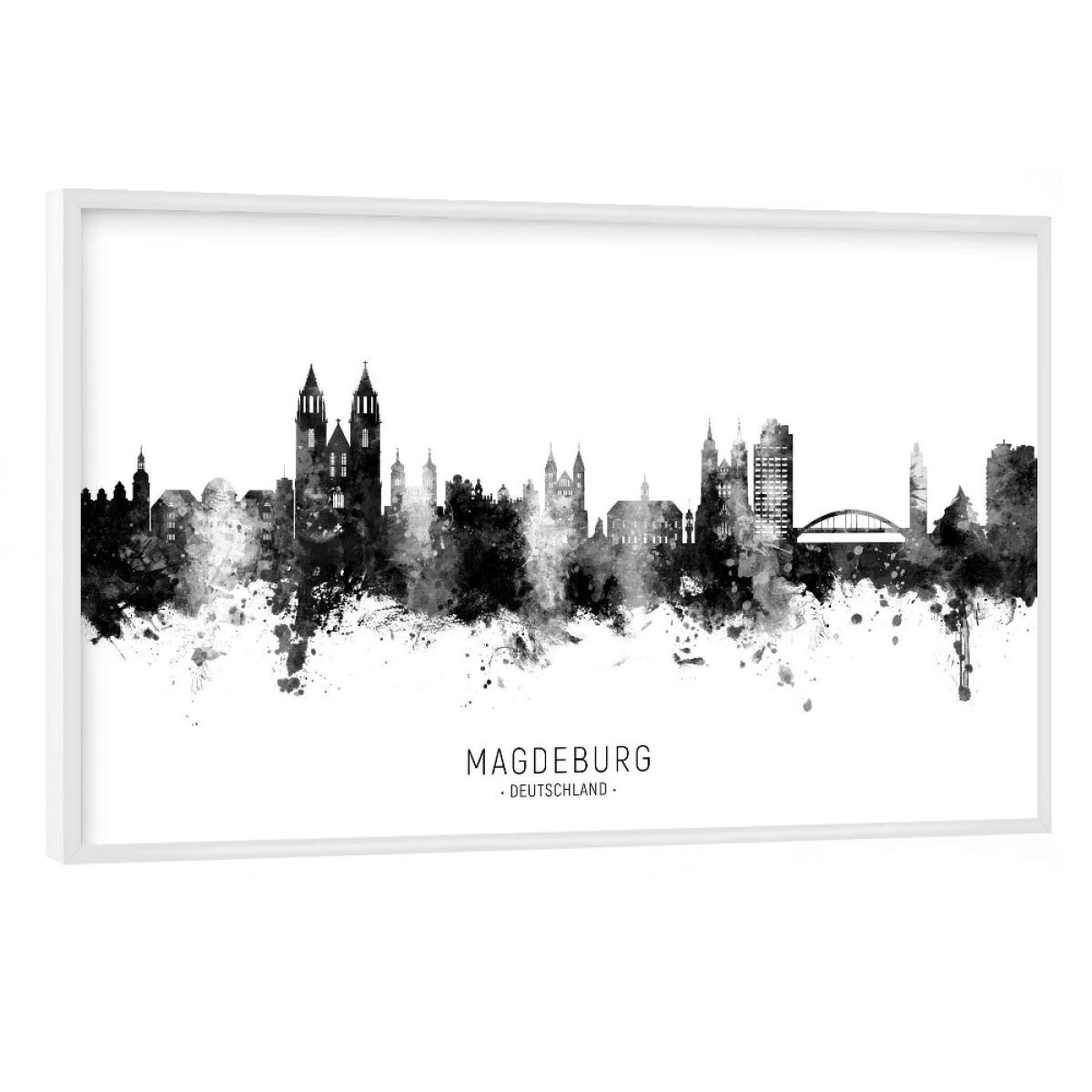 artboxONE Poster mit weißem Rahmen 60x40 cm Städte Magdeburg Germany Skyline BW Text - Bild magdeburg City Cityscape