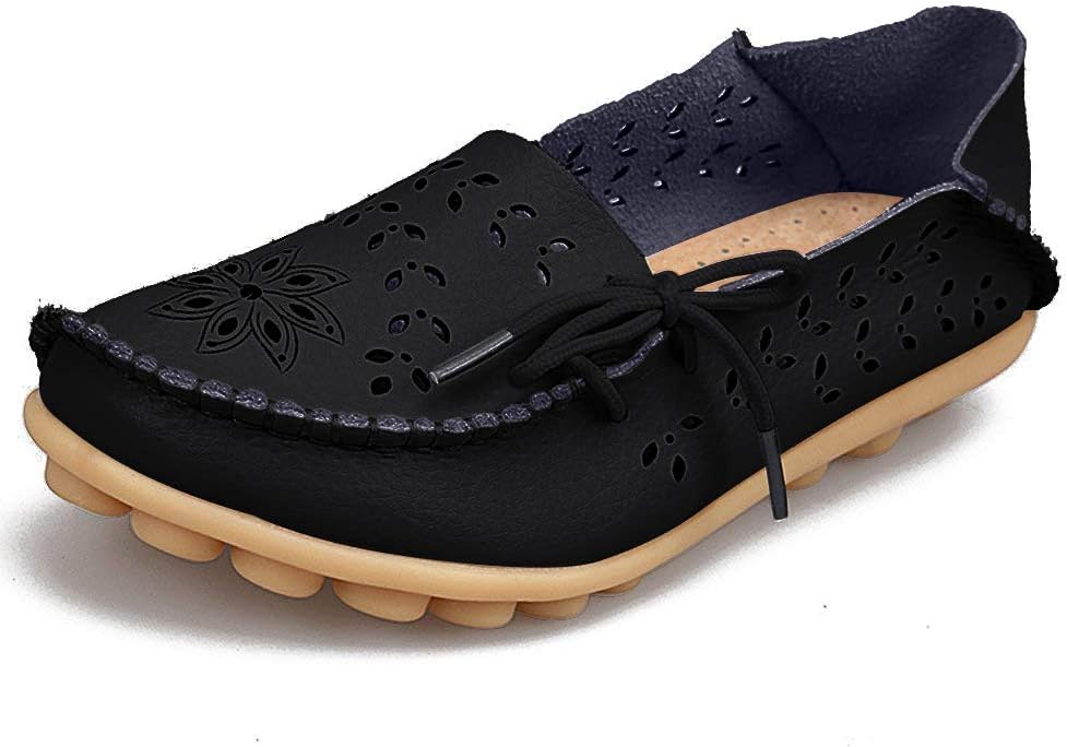 SHIBEVER Women's Leather Loafers Moccasins Wild Driving Casual Flats Oxfords Breathable Shoes Black-2 10