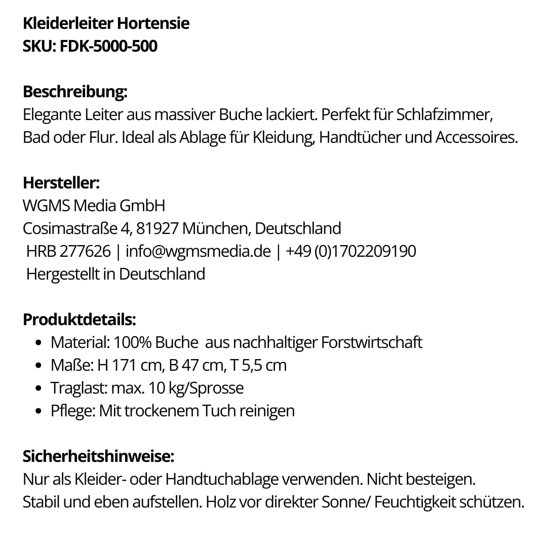 Kleiderleiter Handtuchleiter Hortensie Rosa, 171 x 47 x 5,5 cm | Volllackiert, 6 Sprossen, Vollständig aufgebaut, Handarbeit aus Deutschland, Handtuchleiter