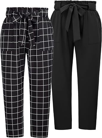 Hanna Nikole Womens Plus Size Elastic Waist Self-Tie Belted Pencil Pants Ankle Length Casual Pants with Pockets