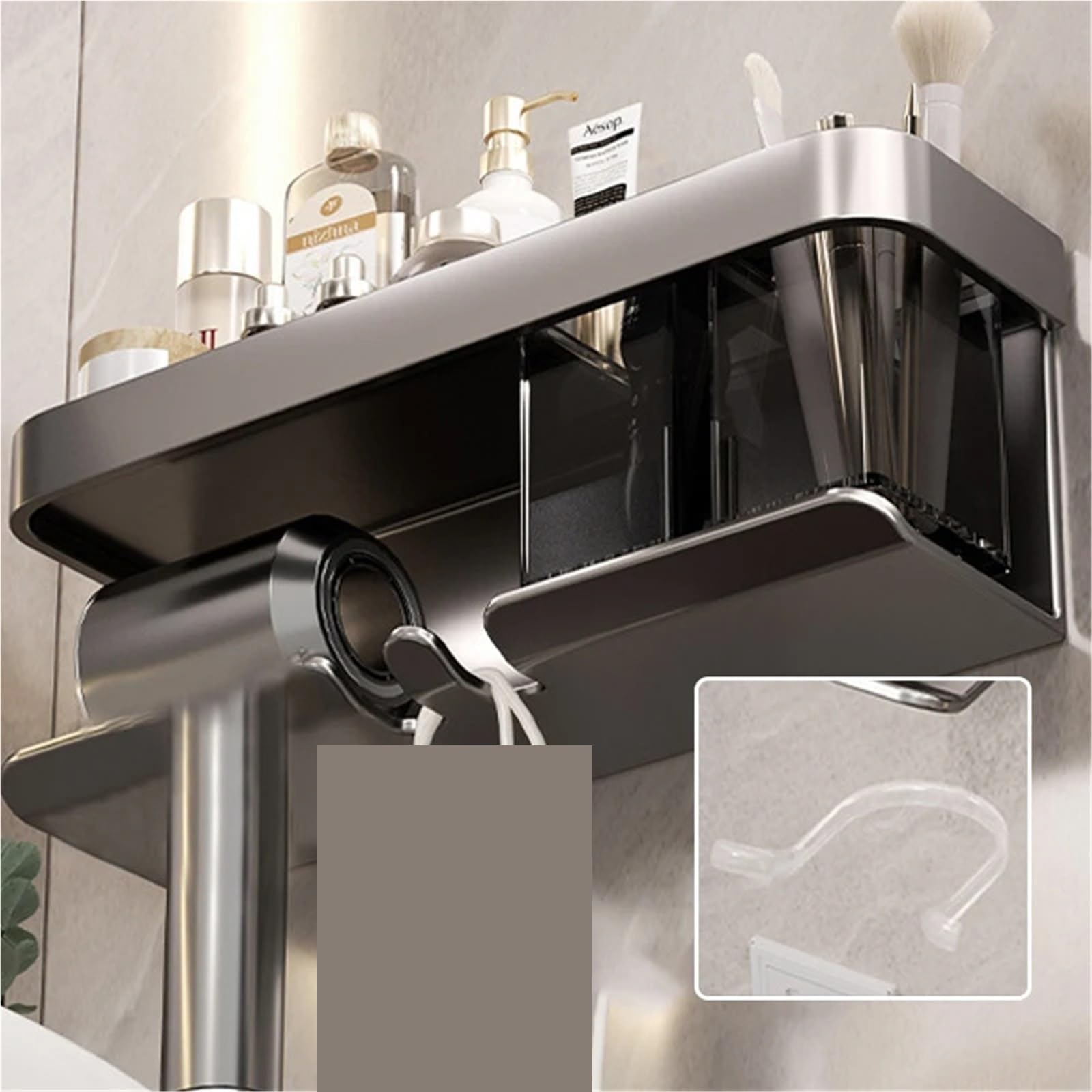 Badezimmerregal Make-up-Aufbewahrungsorganisator Aluminiumlegierung Haartrocknerhalter Badezimmerzubehör Wandregal Für Haartrockner(Black)