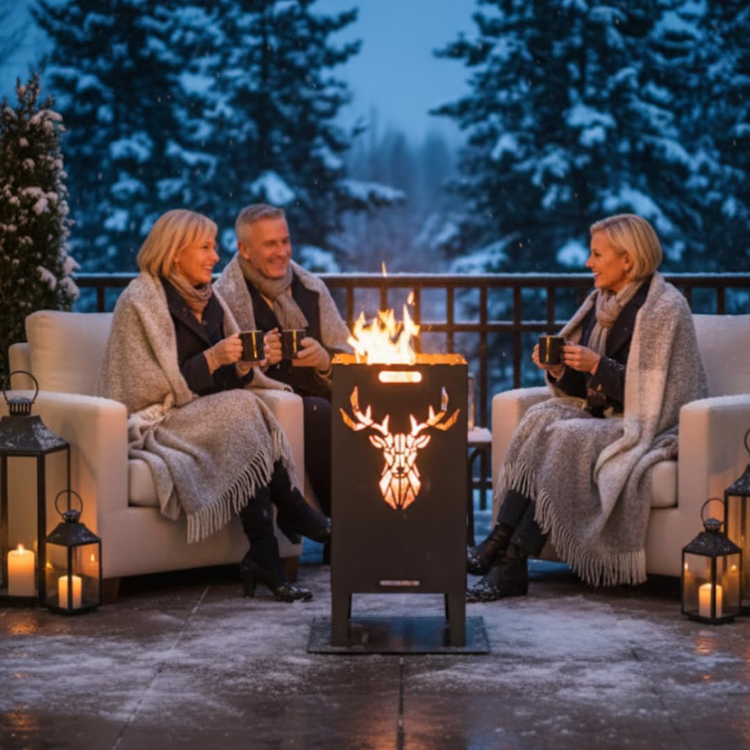 Feuertonne Hirsch & Löwe - Massive Feuerkorb Feuerschale aus Stahl Outdoor Firepit mit Motiv Stabil, Wetterfest, Perfekt für Garten, Terrasse Funkenflugschutz Cut-Out Design (50cm Hirsch)