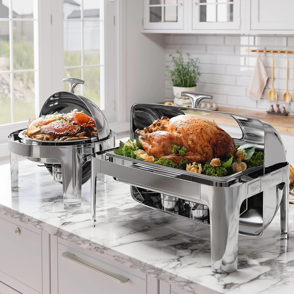 Scaldavivande rettangolare da 9 litri in acciaio inossidabile, Set per buffet con coperchio a rullo e finestra in vetro Ideale per catering, buffet e per mantenere le pietanze al caldo