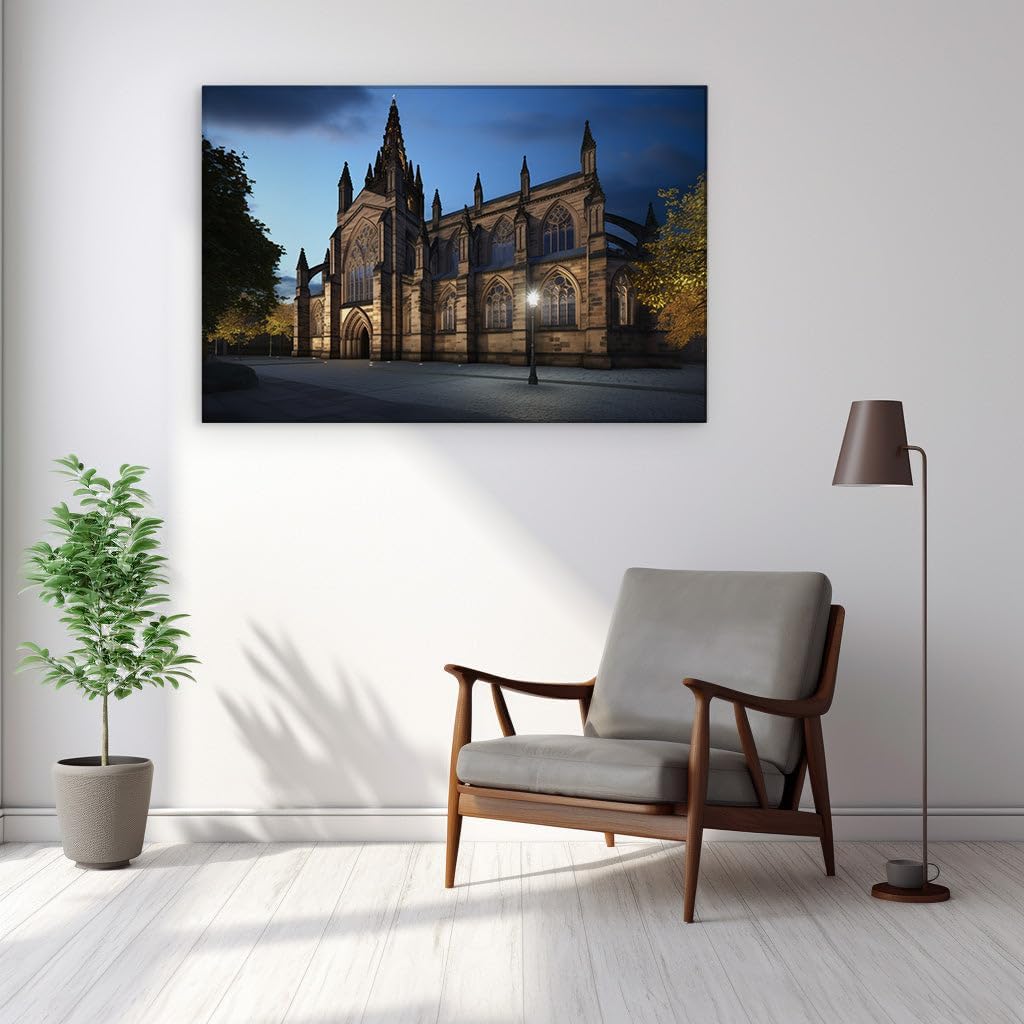 Canvas for Living room. Gothic Grandeur Illuminated: A Serene Night at the Historic Stone Cathedral, 27 x 18 inch Canvas Wall Art - Contemporary Masterpieces - Nature Home Decor