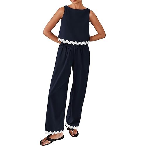 PRETTYGARDEN Women's Summer Casual 2 Piece Outfits Sleeveless Tank Crop Top Wide Leg Pants Sets Tracksuit
