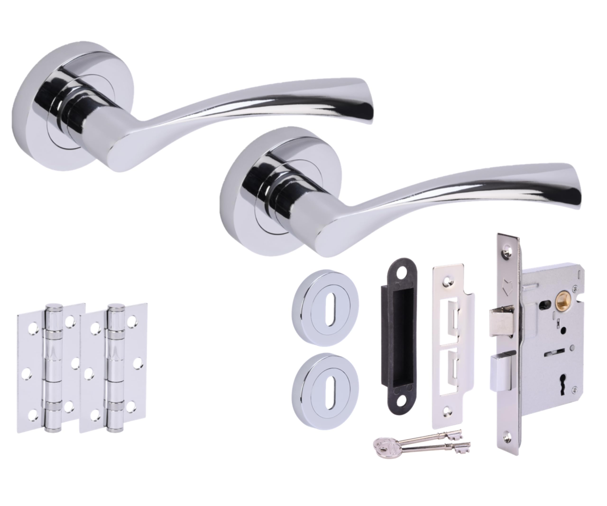 Hunta Polished Chrome Handlezone® Lobo Door Handles On Rose 3 Lever Lock Pack With 75Mm Ball Bearing Hinges And 76Mm Lock