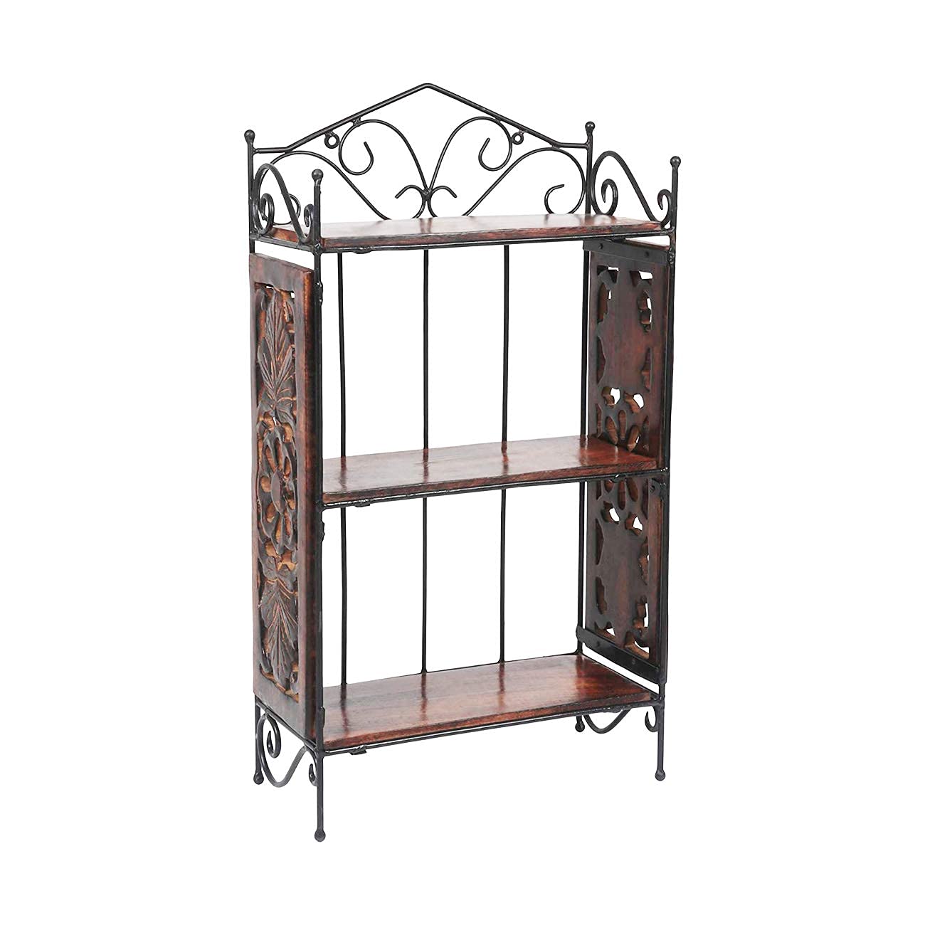Woodiva Wooden Wall Shelf with Wrought Iron Frame – 3-Tier Wall-Mounted Rack, Decorative Carved Side Panels – Rustic Home Décor Organizer for Living Room, Kitchen, and Bedroom (23 x 13 x 6 Inches)-image-5